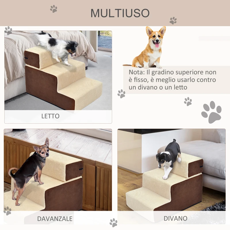 PawHut Scala per Cani e Cuccioli a 3 Gradini Rimovibili e Antiscivolo, Beige e Marrone, 54x40x39cm