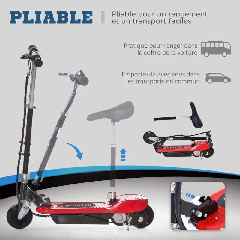 HOMCOM Trottinette Électrique 120 W Pliable pour Enfants de 7 à 12 Ans Hauteur de Guidon et Selle Réglable 10 Km/h Max. 2 Roues en PU Rouge