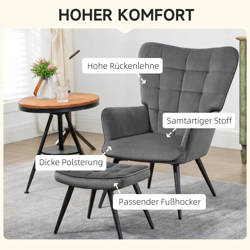 HOMCOM Relaxsessel mit Ottomane Sessel mit Fußhocker, 2-teiliges Set, Grau