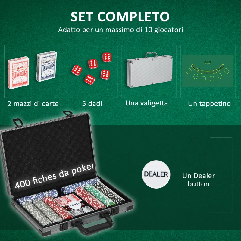 SPORTNOW Set da Poker per 10 Giocatori con 400 Fiches, 2 Mazzi di Carte, 5 Dadi, Tappetino e Valigetta Grigia