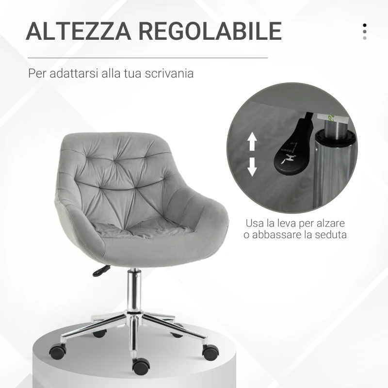 Vinsetto Sedia da Ufficio Ergonomica Girevole con Altezza Regolabile e Ruote, Rivestimento in Velluto, 59x58x80-90cm, Grigio
