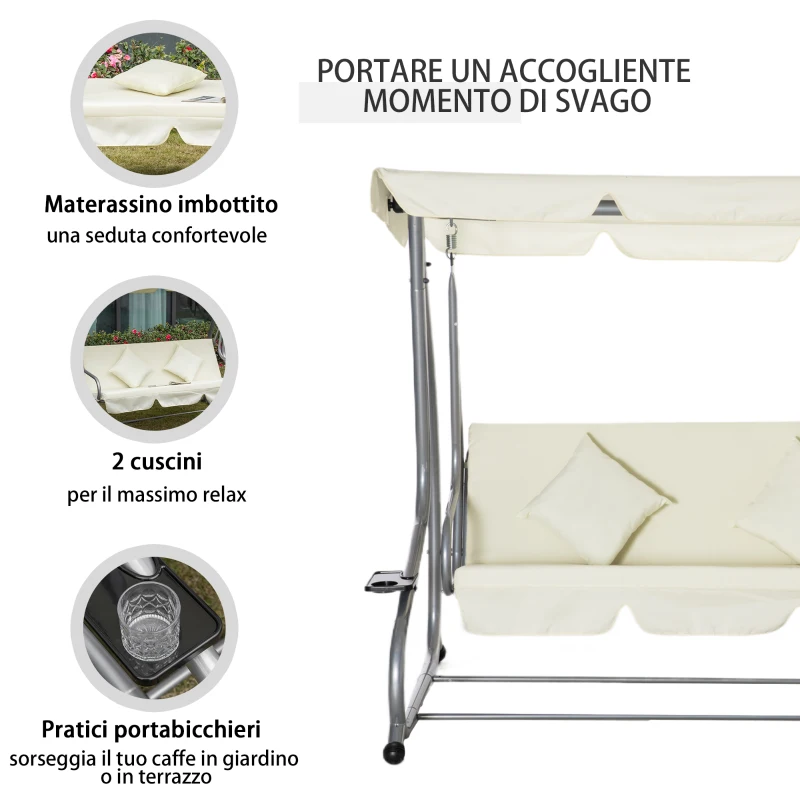Outsunny Dondolo Letto da Giardino 3 Posti con Tetto Regolabile e 2 Portabicchieri, 200x120x164 cm, Crema
