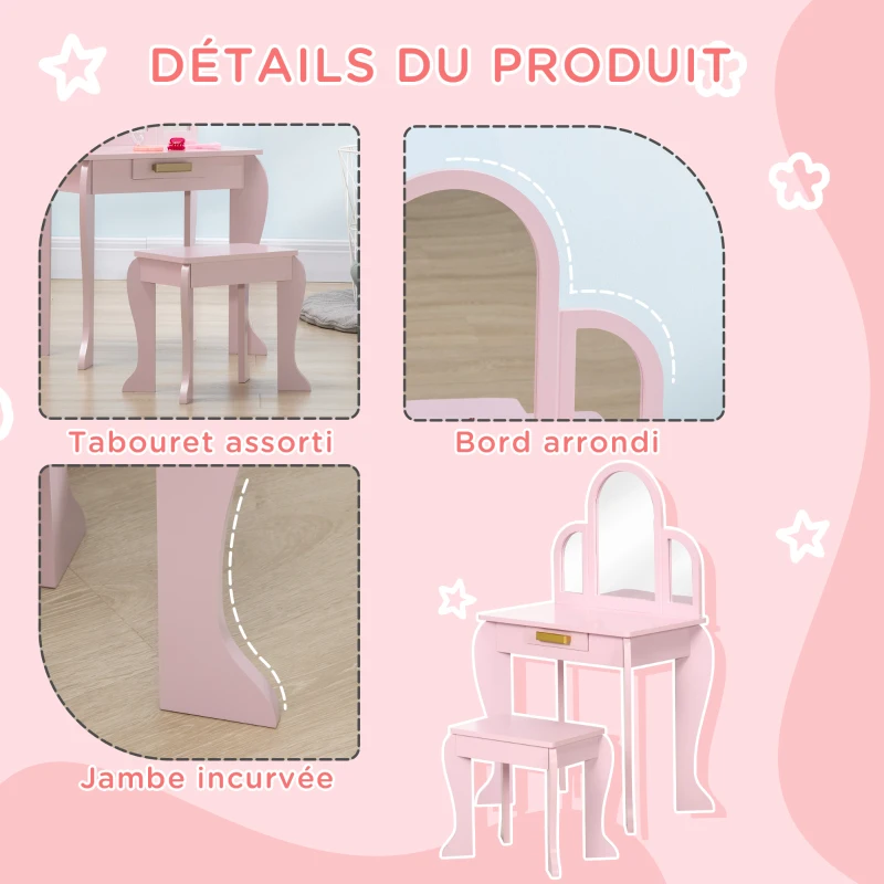 HOMCOM Coiffeuse pour enfant avec tabouret 3 miroirs et tiroir 3 à 6 ans 52 x 32 x 85 cm rose