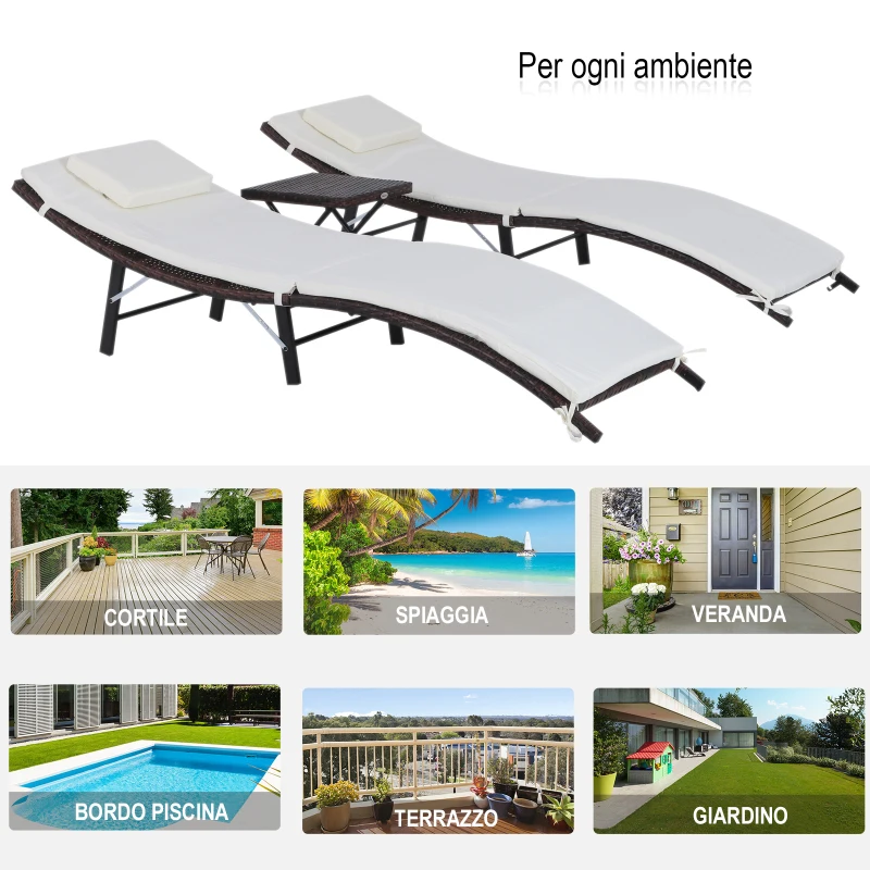Outsunny Lettini Prendisole Richiudibili con Cuscini Rimovibili e Tavolino Pieghevole, Set 3 Pz in Rattan, Crema