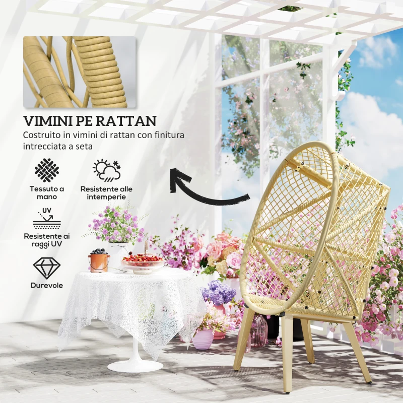 Outsunny Sedia da Giardino a Uovo in Rattan PE e Acciaio con Seduta Imbottita e Poggiatesta, 88x85x143 cm
