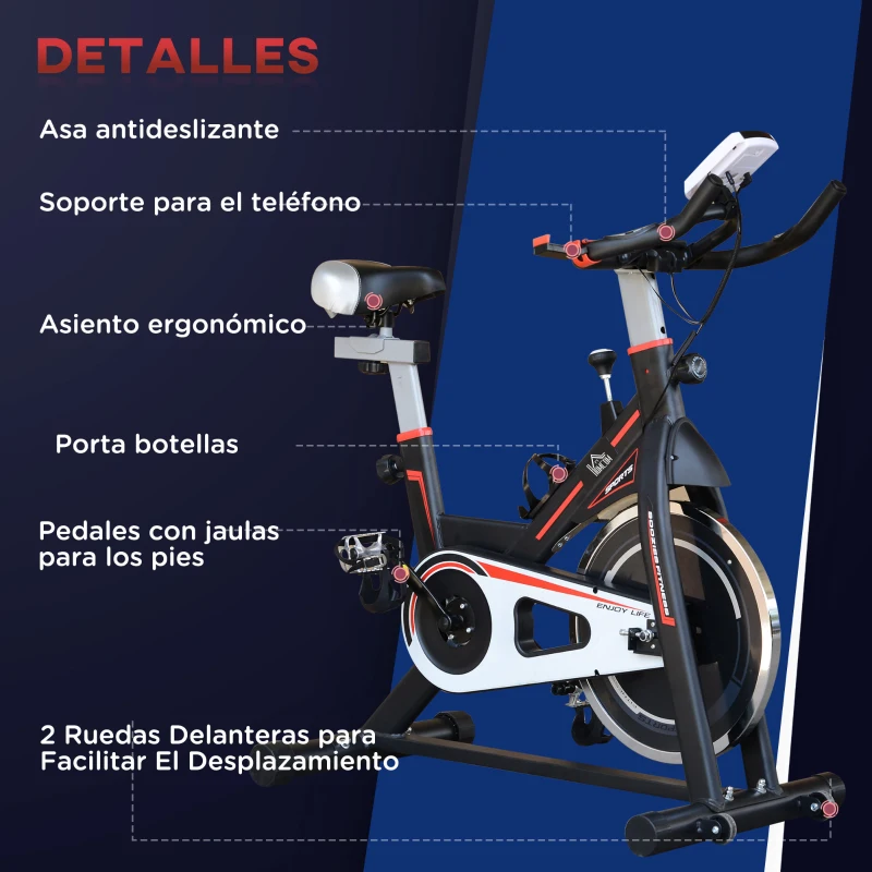 HOMCOM Bicicleta Estática con Volante de 8 kg Pantalla LCD Pulsómetro Sillín y Manillar Ajustables 103x48x115 cm Negro