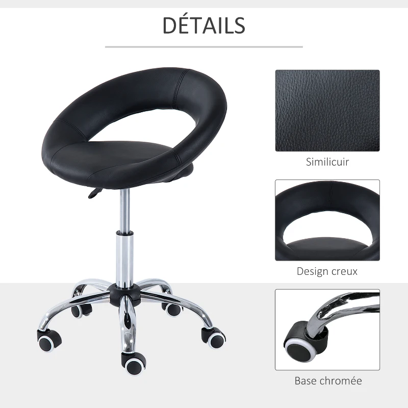 HOMCOM Tabouret à roulettes tabouret de massage pivotant 360° hauteur réglable similicuir noir