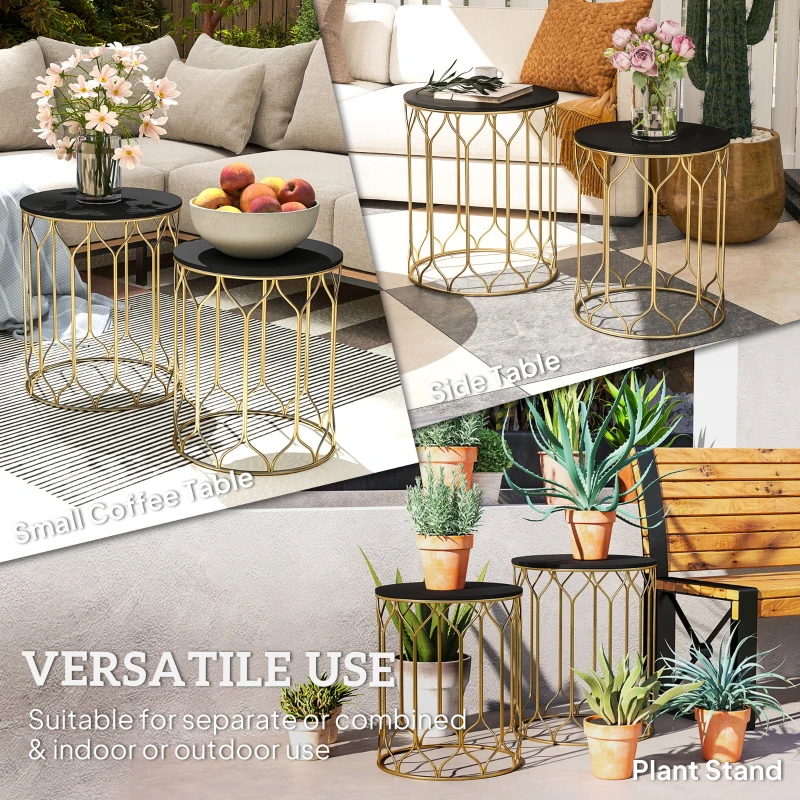 Outsunny Round Coffee Table Set of 2, Modern Nesting Tables with Ceramic Tile Top, Small End Tables, Indoor Outdoor Side Table with Metal Frame for Living Room, Bedroom, Patio, Balcony, Black