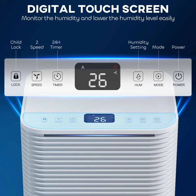 HOMCOM 12L/Day Dehumidifier with 2L Water Tank, Laundry Drying, Automatic Humidity Sensor, Electric Portable Dehumidifier with 24H Timer, 3 Modes for Home Damp, Mould and Condensation