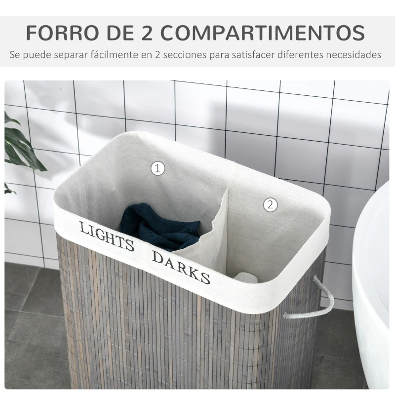 HOMCOM Cesto para Ropa Sucia de Bambú Capacidad de 100L con Tapa Extraíble Bolsa de 2 Compartimentos 52x32x63 cm Gris