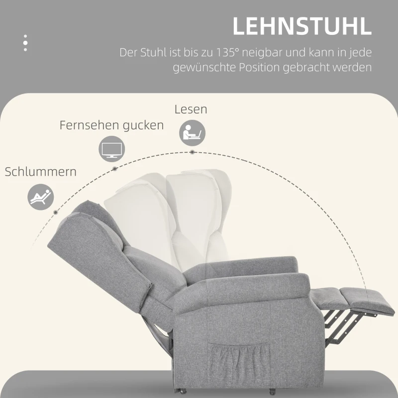 HOMCOM Relaxsessel, Aufstehhilfe, Liegefunktion, bis 200kg, 72,5x94x109cm, Grau