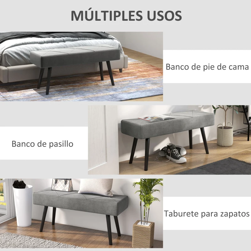 HOMCOM Taburete Pie de Cama Multifuncional con Pies de Acero y Asiento Acolchado para Entrada Pasillo 100x36x45 cm Gris