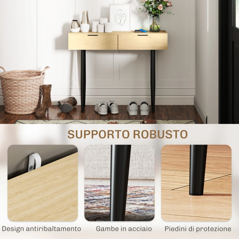 HOMCOM Consolle da Ingresso in Stile Nordico con 2 Cassetti in Legno e Acciaio, 100x30x80.5 cm, Rovere