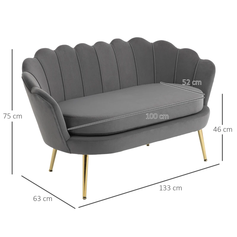HOMCOM 2-Sitzer Stoffsofa Zweisitzer Loungesofa mit weichen und großzügigen Kissen Polstersofa Sitzmöbel Polstermöbel Designsofa elegant Samt Polyester Grau 133 x 63 x 75 cm