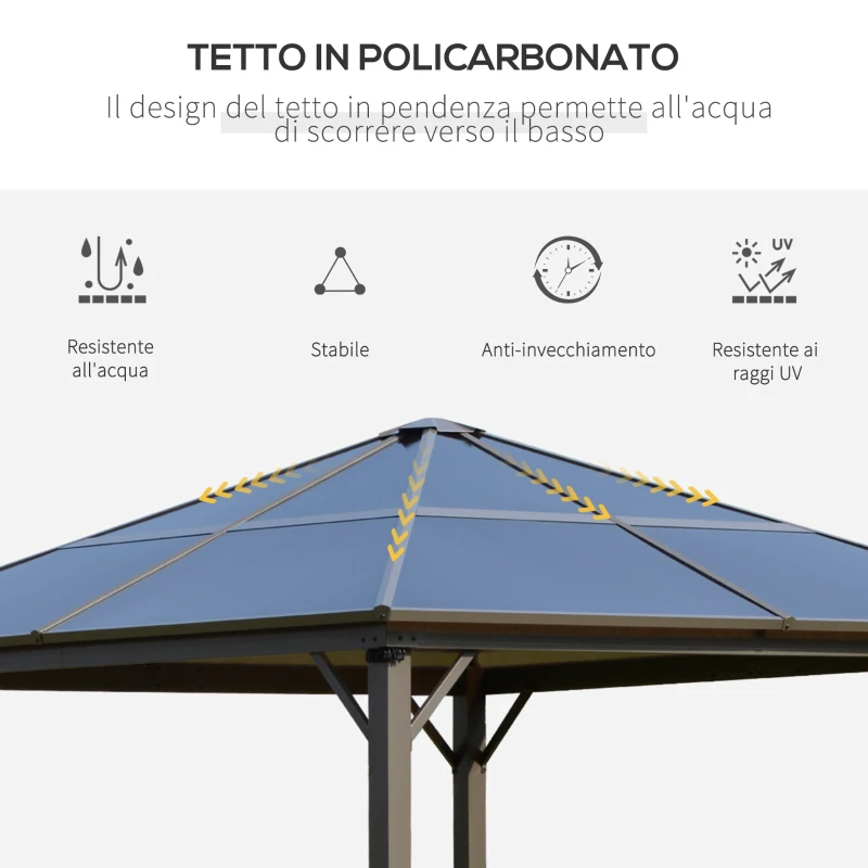 Outsunny Gazebo da Giardino con Tetto in Policarbonato e Struttura in Alluminio, 3x3m, Caffè