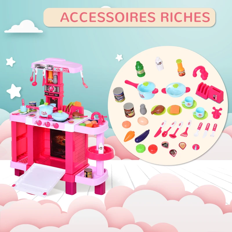 HOMCOM Cuisine pour Enfant Recettes Jeu d'imitation 38 Accessoires Inclus Sons et lumières polypropylène Rose(m-7)