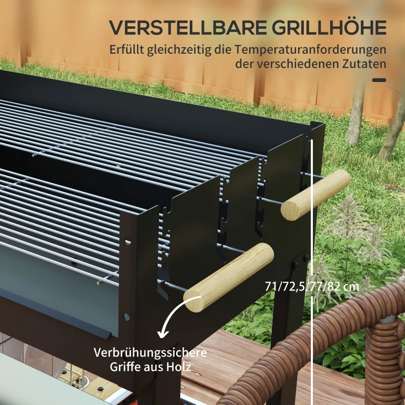 Outsunny Kohlegrill, Grillwagen, 2 Grillflächen, 2 Räder, Griffe, Ablagen, 113 x 53,5 x 82,5 cm, Schwarz