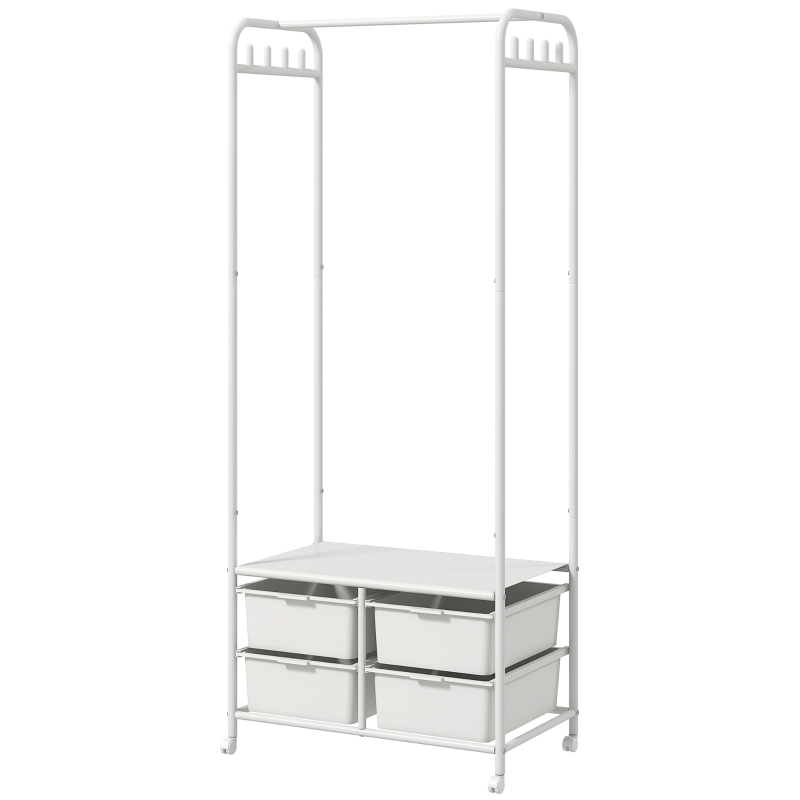 HOMCOM Perchero Zapatero con Ruedas para Recibidor con 8 Ganchos 4 Cestas para Zapatos y Marco de Acero 63x37x153 cm Blanco