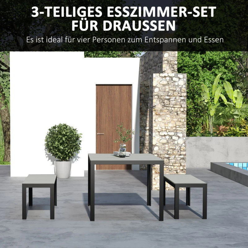 Outsunny Terrassenmöbel-Set, 3-teilig, 2 Bänke & 1 Tisch, Metallrahmen, Holzoptik, Grau