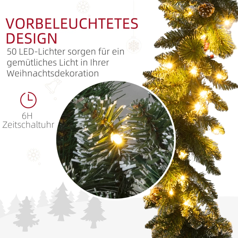 HOMCOM 1,8 m künstliche Weihnachtsgirlande mit Lichterkette Blumendekoration Grün