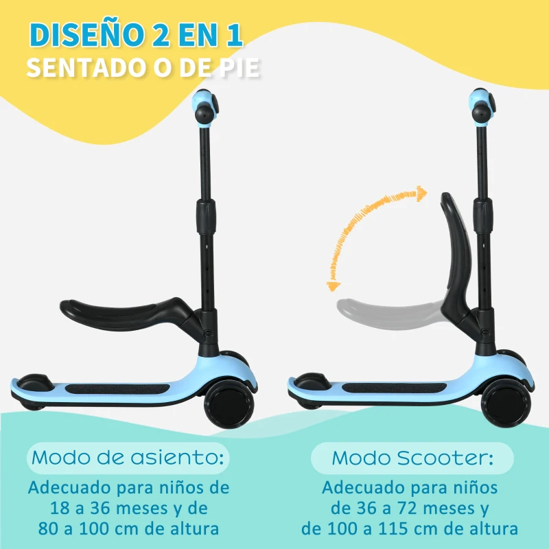 AIYAPLAY Patinete para Niños 2 en 1 con Altura Ajustable Ruedas Brillantes para +18 Meses Carga 50 kg 58x31x64-79cm Azul