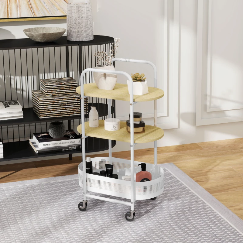 HOMCOM Carrito Auxiliar con Ruedas de 3 Niveles Carro de Almacenamiento con Cesta y Estantes 49,5x32,5x82,5 cm Blanco y Madera Natural