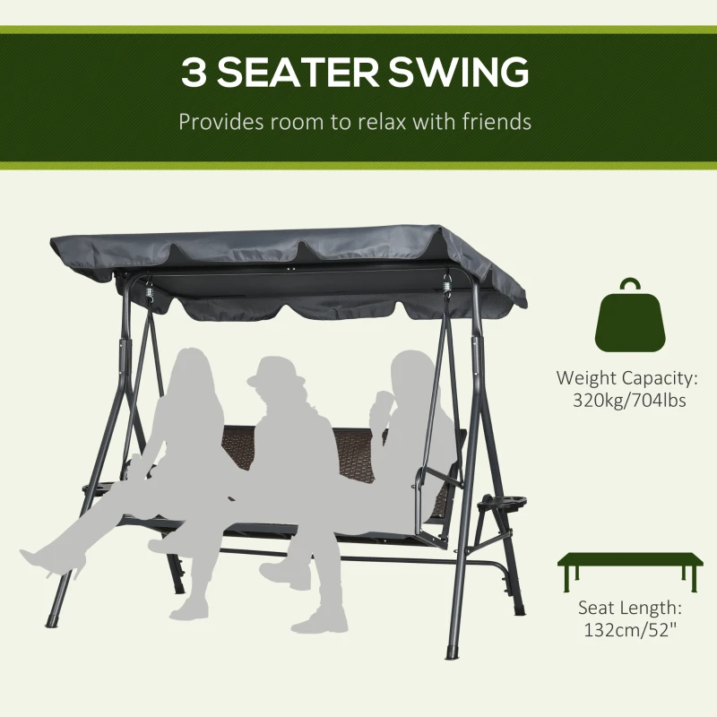 Outsunny 3 Seater Swing Chair, Garden Swing Seat Bench with Adjustable Canopy, Rattan Seat and Steel Frame for Patio, Yard, Dark Grey
