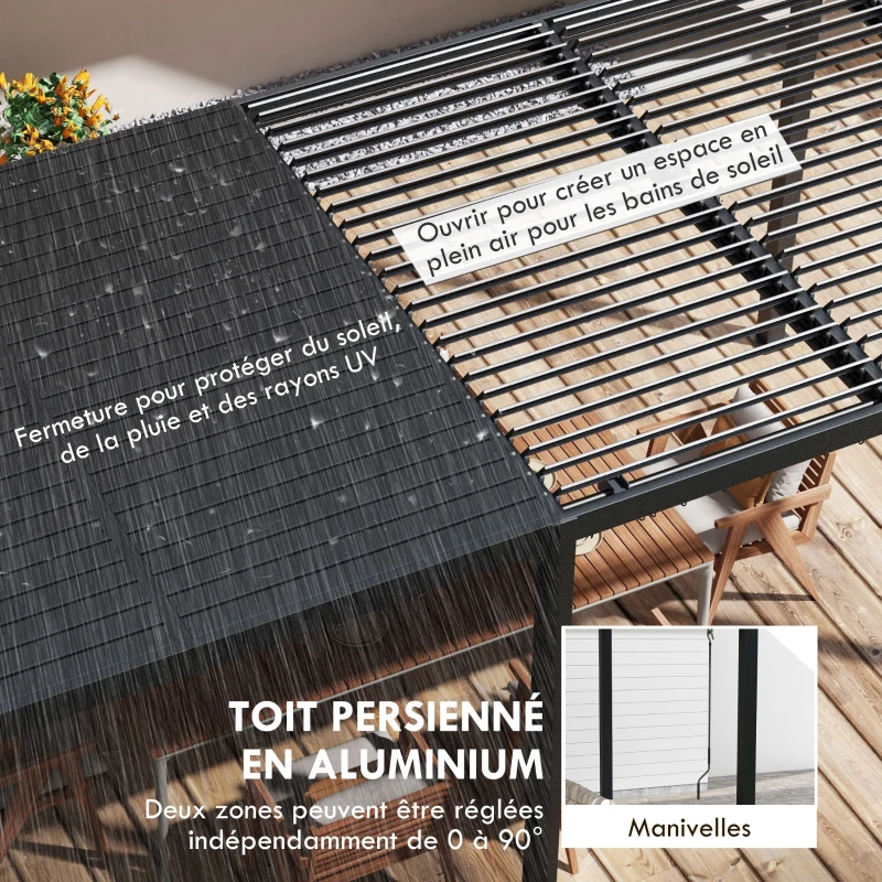 Outsunny Pergola 3 x 6 m  pergola d'extérieur tonnelle avec persiennes manivelle, toit réglable en aluminium crochets gris foncé