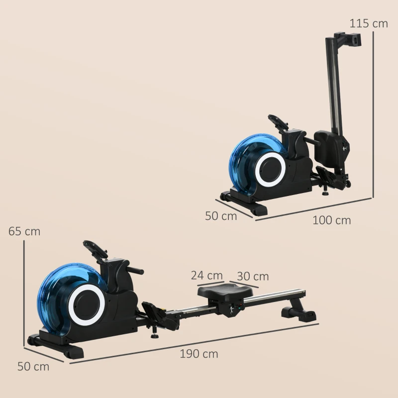 SPORTNOW Rameur à eau d'appartement pliable - 6 niveaux de résistance écran LCD multifonction support de tablette