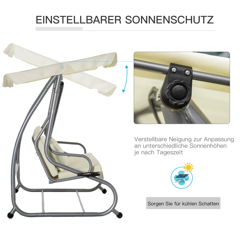 Outsunny Schaukelstuhl 3-Sitzer Gartenschaukel Hollywoodschaukel mit Sitz- und Rückenlehnen Tablett Schwingbank Sitzbank Dachwinkel verstellbar Stahl Polyestergewebe 200 x 120 x 164 cm Beige
