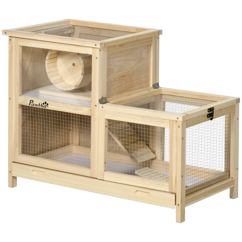 PawHut Wooden Hamster Cage with Sliding Tray, 2 Tiers Gerbil Cage Mice Rodent Small Animal Hutch with Run Area, Openable Roofs, Ramp, Seesaw, Running Wheel, 78 x 41.5 x 60 - Natural