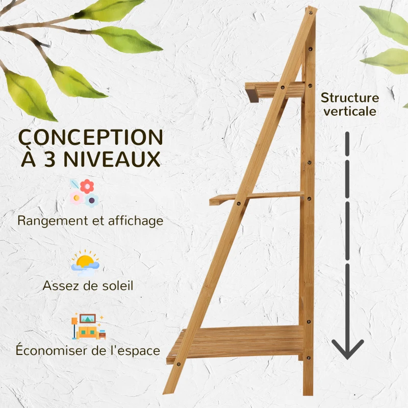 Outsunny Étagère à plantes étagère à fleurs en bambou pyramidale pliable 3 étagères 100 x 39 x 97cm naturel