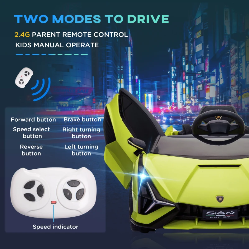 HOMCOM Lamborghini Sian Licensed 12V Electric Car for Kids 2 Motors Toy Car with Remote Control Music Lights MP3 for 3-5 Years Green