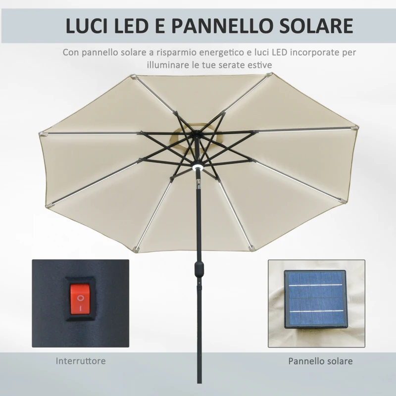 Outsunny Ombrellone da Giardino Φ270 x 245Acm con Apertura a Manovella e Inclinabile, Luci LED e Pannello Solare, Crema Bianco