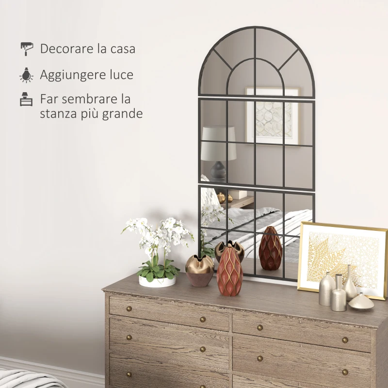 HOMCOM Specchio da Parete ad Arco Stile Finestra per Camera da Letto e Ingresso, 76x43 cm, Nero