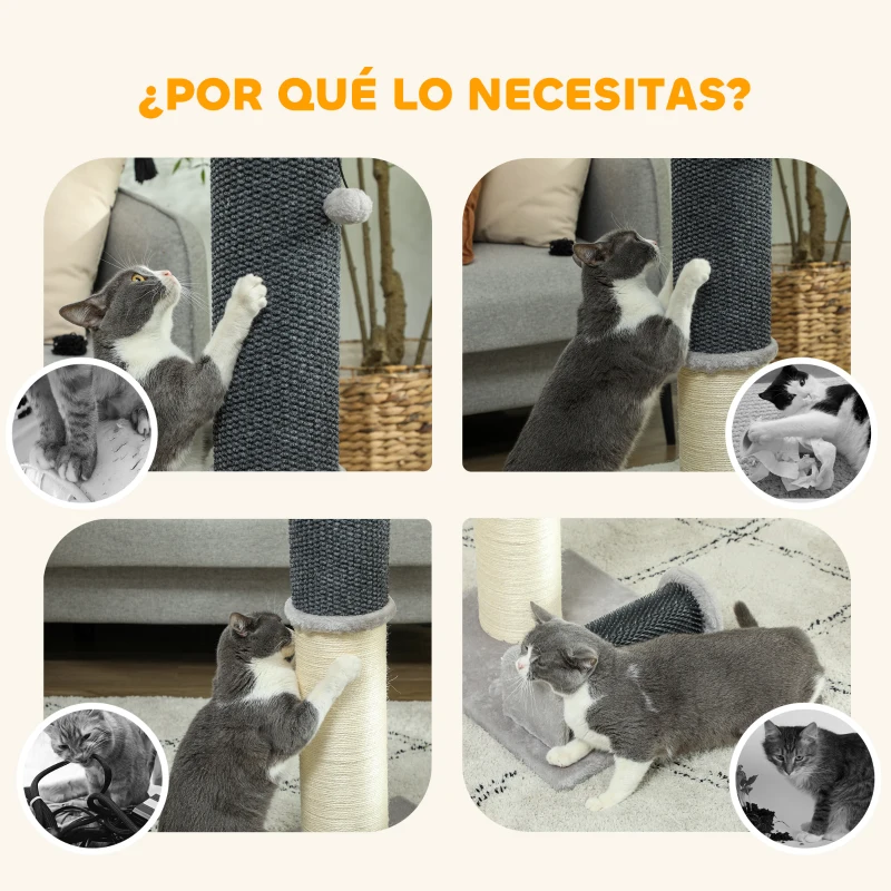 PawHut Poste Rascador para Gatos Arañador de Sisal con Cepillo de Auto Acicalado y Bola de Juguete 40x48x85 cm Gris y Crema
