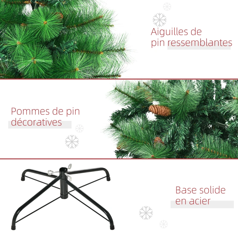 HOMCOM Sapin de Noël artificiel 180 cm 782 branches épines grand réalisme avec pommes de pin vert