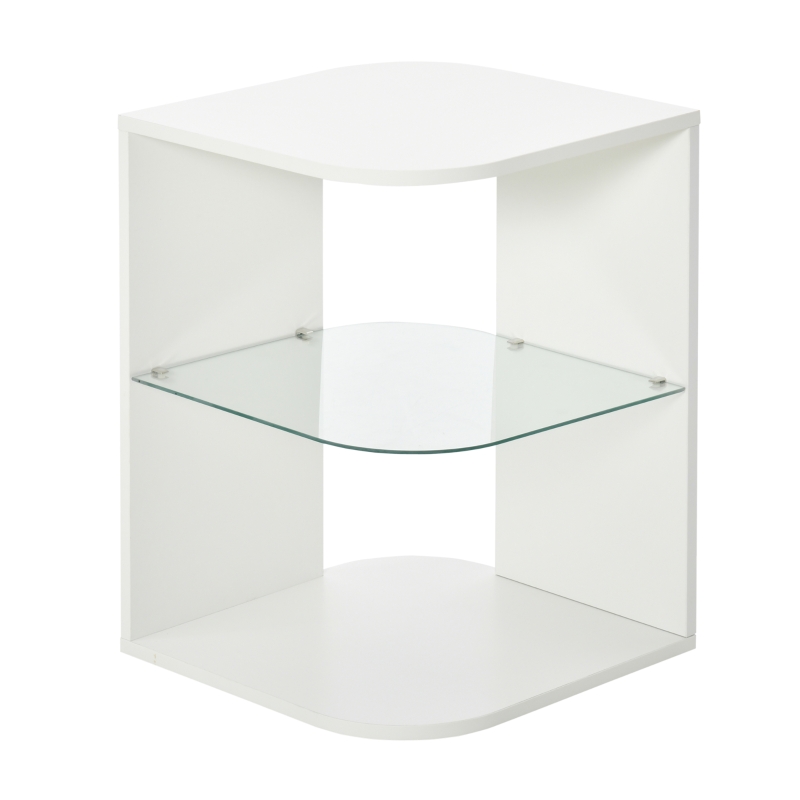 HOMCOM Mesita Auxiliar de Salón Moderna Mesilla de Noche con 3 Estantes Tablero de Cristal Mesita de Café para Sala de Estar Dormitorio 40x40x56 cm Blanco