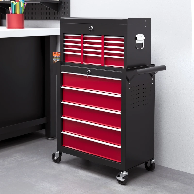 HOMCOM 14 Drawer, Two-Part Tool Storage Chest on Wheels - Red