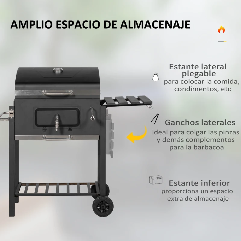 Outsunny Barbacoa de Carbón con Ruedas Barbacoa con Tapa Parrillas de Acero Inoxidable Termómetro 113x65x108 cm Negro