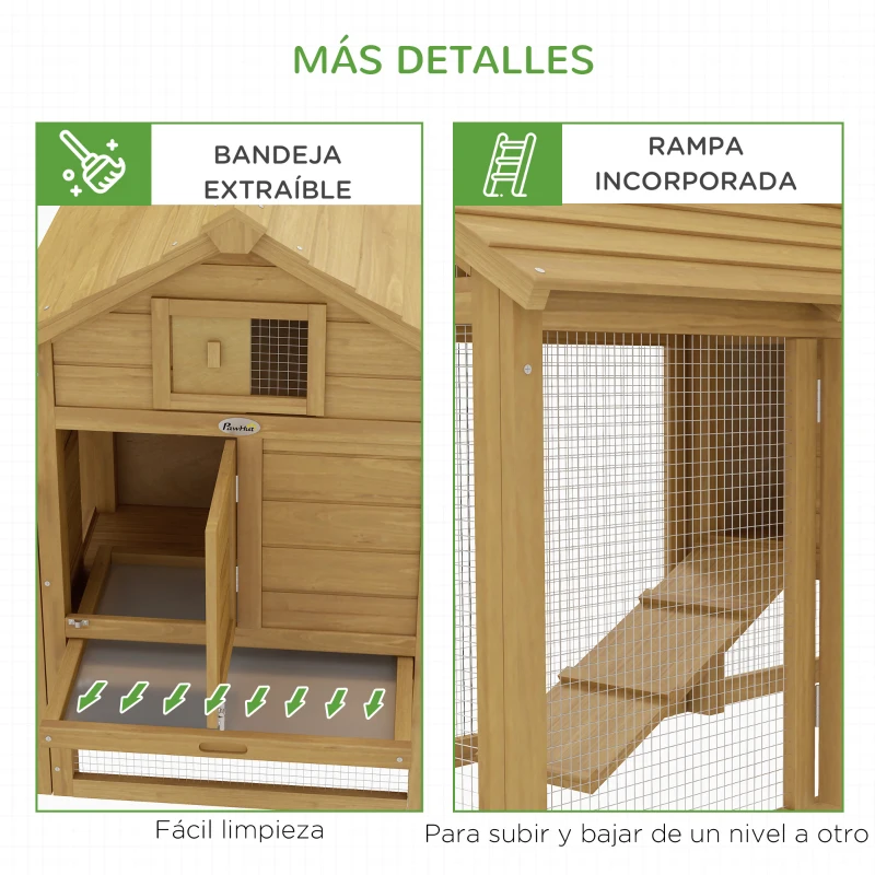 PawHut Gallinero de Madera para Exterior Jaula para 2-3 Gallineras con 2 Corrales de Alambre Techo Abrible Caja Nido Bandeja Extraíble y Rampa 150,5x54x87 cm Natural(m-7)
