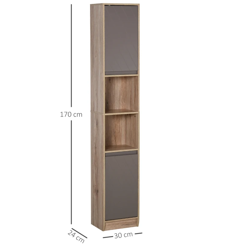 HOMCOM Badezimmerregal, Badeschrank, Küchenschrank, 2 Türschränke, 2 offenen Regalen, Spanplatte+MDF, 30 x 24 x 170cm