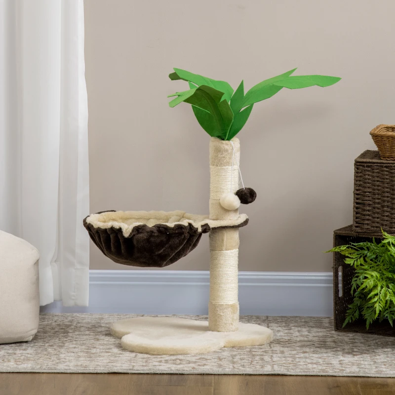 PawHut 68cm Palm Tree Shaped Cat Tree w/ Hammock, Sisal Scratching Post - Beige
