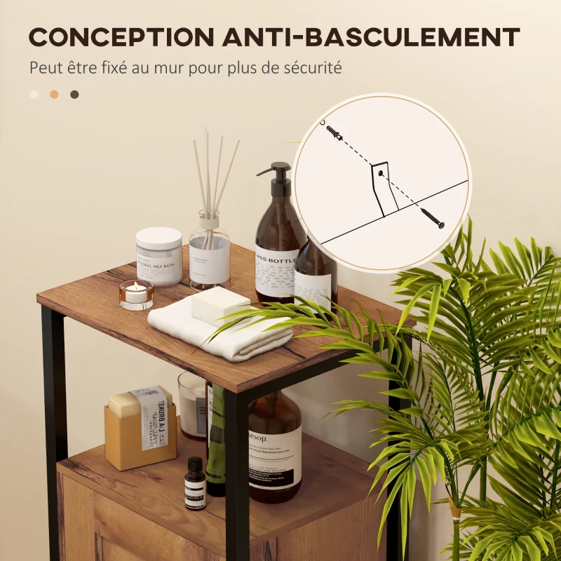 kleankin Meuble bas de salle de bain avec porte à lamelles structure en acier niche ouverte 37 x 30 x 85 cm brun rustique