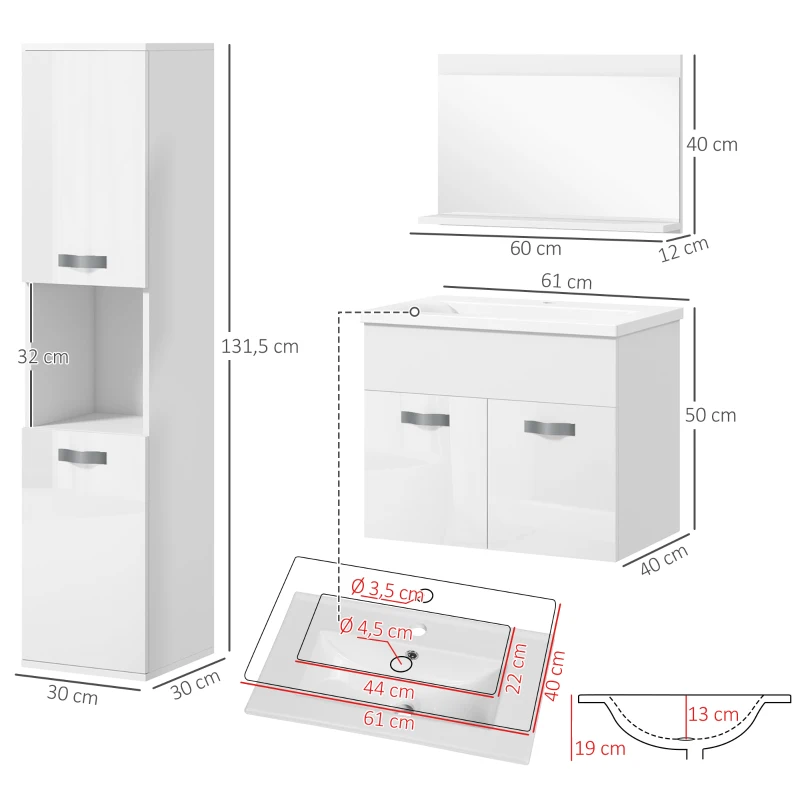 kleankin Conjunto de Muebles de Baño de Pared 3 Piezas Incluye Espejo Armario con Lavabo Cerámico y Columna de Baño Blanco