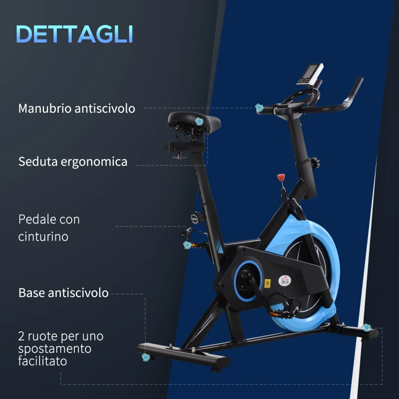 HOMCOM Cyclette da Camera con Trasmissione a Cinghia, Cyclette Professionale con Manubrio e Sellino Regolabili, Volano 6kg, Schermo LCD, Fino a 120kg, Nero e Azzurro