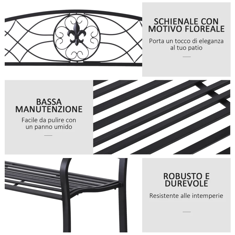 Outsunny Panchina da Esterno a 2 Posti, Panchina da Giardino Design Floreale Ergonomica con Braccioli in Metallo Nero, 129x50x91cm