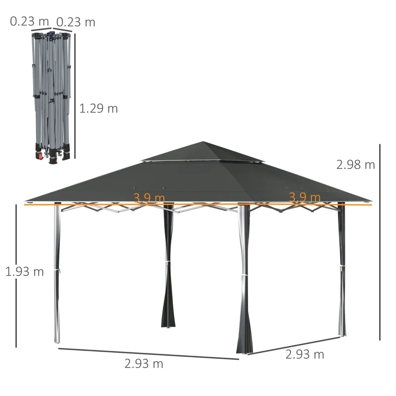 Outsunny 4 x 4m Pop-up Gazebo Double Roof Canopy Tent with UV Proof, Roller Bag & 3-Level Height Adjustable Outdoor Party, Steel Frame, Dark Grey