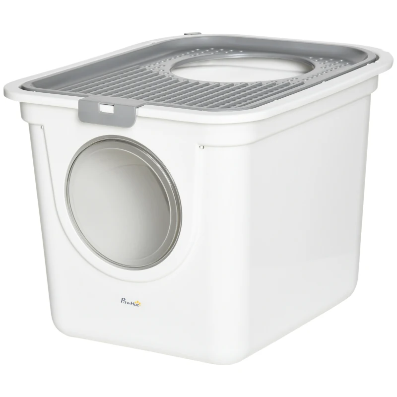 PawHut Cat Litter Box, Pet Toilet, Enclosed Kitten Pan with Front Entrance Top Exit, High Side, Scoop, White