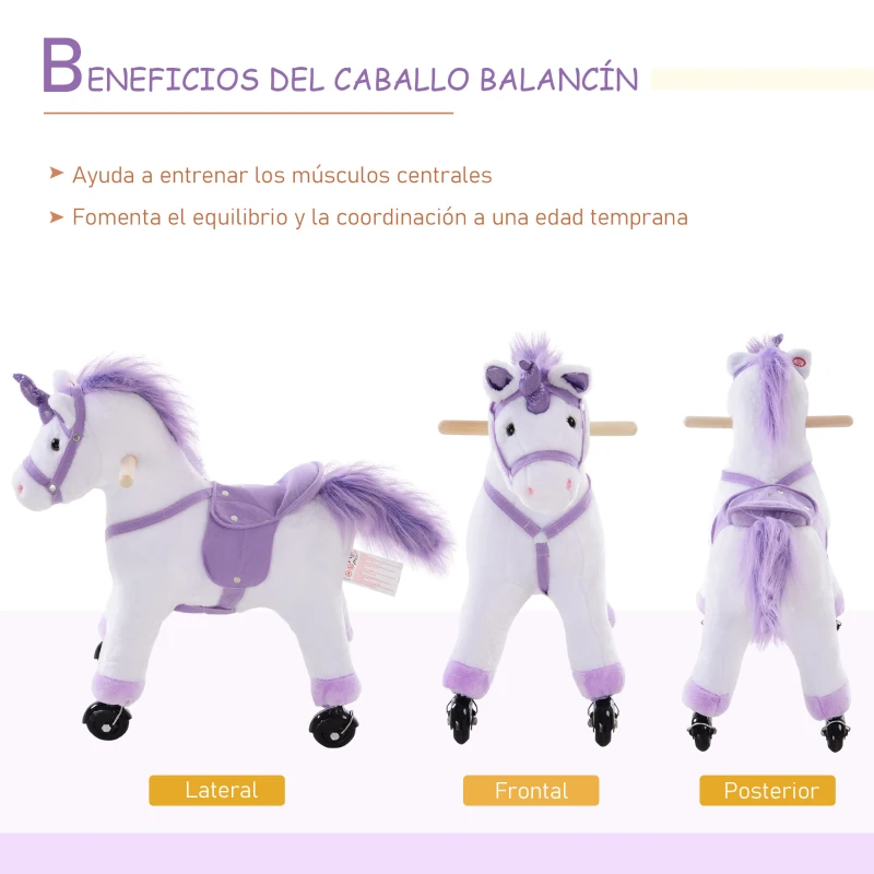HOMCOM Caballo Pony Mecánico para Cabalgar Balancín con Ruedas Peluche Caballito Juguete con Sonidos 55x23x60cm